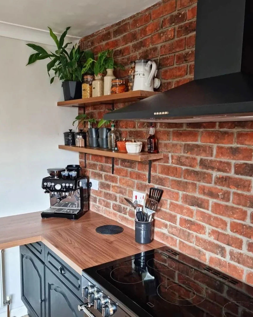 reclaimed brick slip tile kitchen feature wall with exposed bricks by heritage brick company